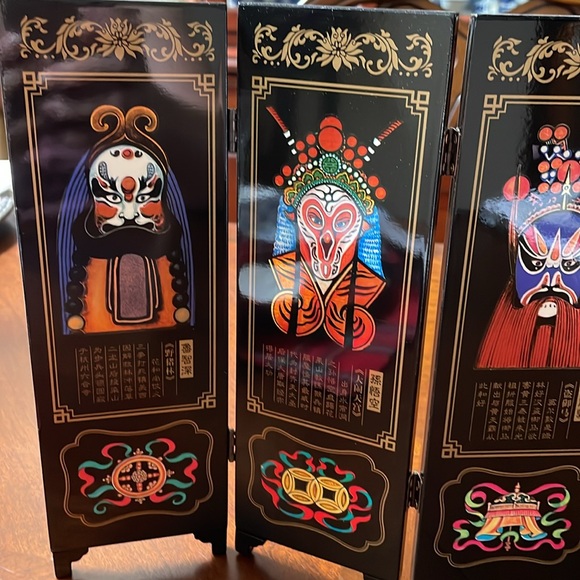 Facial makeup of Peking Opera lacquerware small tabletop folding screen w box - Picture 4 of 11